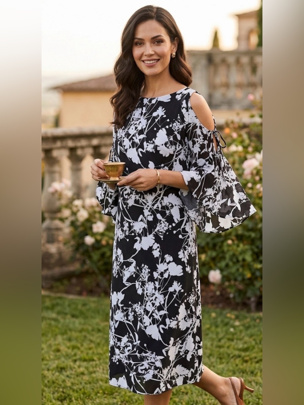5 for $30 WORTHINGTON Black and White Floral Midi Statement Sleeve Dress
